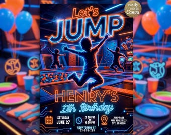 Trampoline Park Birthday Invitation, Jump & Flip Party Digital Invite, Editable Digital Canva Template for Kids and Teens