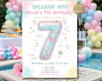 Splashin' Into Seven Birthday Invitation, 7th Birthday Pool Party Invite, Girl Seventh Birthday Summer Pool Party, Editable Canva Template