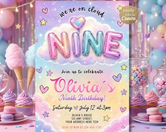 Cloud Nine Birthday Invitation, Rainbow Pastel 9th Birthday Invitation, Dreamy Girls Birthday Party Invitation, Editable Canva Birthday Template