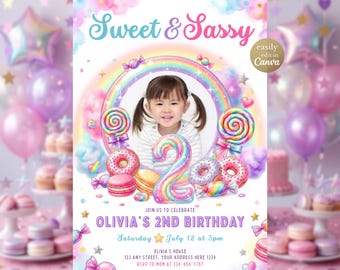 Invitación de cumpleaños "Sweet Sassy and Two", invitación para el segundo cumpleaños de una niña, fiesta de dulces de segundo cumpleaños editable, plantilla de dona de cumpleaños con foto