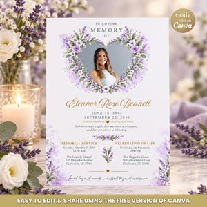 May include: A memorial service program template featuring a heart-shaped floral wreath of purple lavender and white flowers surrounding a photo of a person. The text includes the name Eleanor Rose Bennett, dates, and event details.