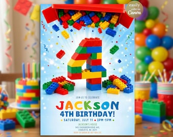 4th Birthday Building Blocks Invitation, Toy Brick Blocks Party Invitation, Boys Coloful Construction Blocks Birthday Editable Canva Template
