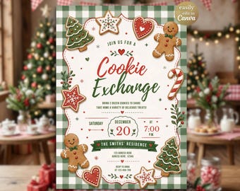 Invitación para intercambio de galletas, invitación para fiesta de intercambio de galletas navideñas, plantilla digital editable de Canva con estampado tradicional de galletas de jengibre y cuadros verdes.
