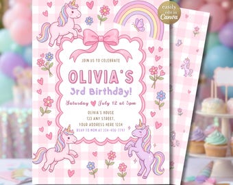 May include: A pink and white gingham birthday invitation card featuring illustrations of unicorns, flowers, hearts, a rainbow, and a butterfly. The text reads: JOIN US TO CELEBRATE OLIVIA'S 3rd Birthday! Saturday July 12 at 3pm, address details, and RSVP.