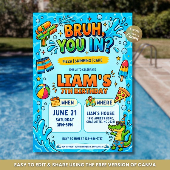 Boys Pool Party Birthday Invitation, Bruh You In Invite, Summer Swimming Party Invite, Editable Kids Splash Canva Birthday Template