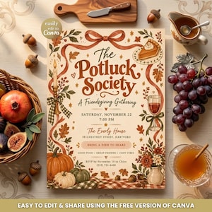 Puede incluir: Una tarjeta de invitación rectangular titulada The Potluck Society A Friendsgiving Gathering con ilustraciones otoñales de calabazas, hojas, bellotas, una vela, un trozo de tarta y una copa de vino, con detalles del evento y contacto.