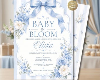 Baby in Bloom Baby Shower Invitation Blue Stripe Vintage Floral Boy Invite Editable Canva Coquette Scalloped Frame Dusty Blue Rose Template