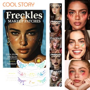 May include: An image promoting freckle makeup patches. The image shows a woman with glitter freckles, product packaging, and examples of the patches applied to faces. The text reads "Freckles Makeup Patches" and "Cool Story Speckles".