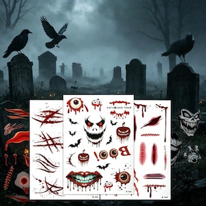 May include: Three sheets of temporary tattoos featuring Halloween-themed designs including red blood splatters, claw marks, stitches, eyeballs, bats, a grinning face, a pumpkin, and the text "BOO" and "HAPPY HALLOWEEN" in red and black ink.