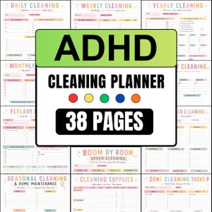 Pode incluir: Um planejador de limpeza para TDAH com 38 páginas. O planejador inclui seções para tarefas de limpeza diárias, semanais, mensais e anuais. A capa apresenta o texto "ADHD CLEANING PLANNER" e um design codificado por cores.