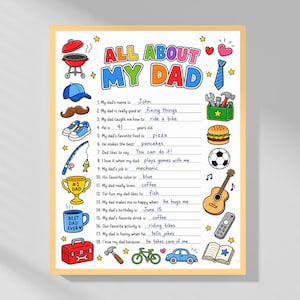 Pode incluir: Um poster personalizável "Tudo sobre o meu pai" com uma borda amarela. O design colorido inclui ilustrações de ferramentas, comida e hobbies. O texto inclui prompts para preencher sobre o nome, idade e coisas favoritas do pai.