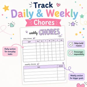 Może przedstawiać: Kolorowy wykres zadań z napisem "Track Daily & Weekly Chores". Wykres zawiera sekcje dla zadań codziennych i tygodniowych, z polami wyboru dla każdego dnia tygodnia. Ma na celu budowanie rutyny i zachęcanie do odpowiedzialności.