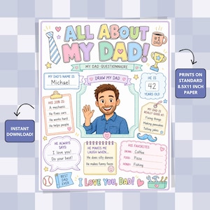 Pode incluir: Um questionário colorido "Tudo sobre o meu pai" para imprimir. O design inclui um desenho de um homem, uma gravata, um troféu e campos de texto para detalhes pessoais. O texto inclui "Eu te amo, pai!" e "Melhor pai de todos."