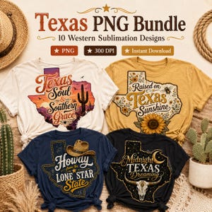 Pack PNG Texas, motifs de sublimation western, salut Lone Star State, motif de t-shirt country cowgirl, téléchargement Far West