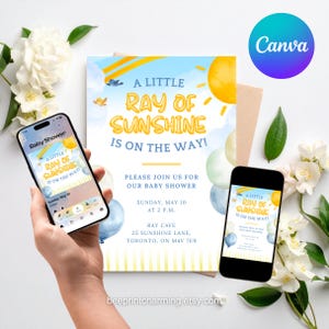 Little Ray of Sunshine Baby Shower Invitation, Editable Canva Template, Gender Neutral Printable Invite