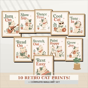 Puede incluir: Un conjunto de diez láminas retro de gatos enmarcadas. Cada lámina presenta una ilustración de gato diferente con frases como "Jam On" y "Cool Cat". Las láminas tienen un fondo beige, marcos marrones y forman parte de un conjunto completo de arte mural.