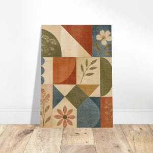 May include: A rectangular wall art print featuring a geometric grid pattern. The design incorporates various shapes including triangles, squares, and semi-circles in shades of rust orange, olive green, cream, and muted blue, accented with botanical illustrations.