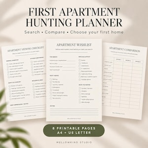 Może przedstawiać: Zestaw trzech stron do druku zatytułowanych First Apartment Hunting Planner, Apartment Viewing Checklist, Apartment Wishlist oraz Apartment Comparison. Strony zawierają czarny tekst na jasnobeżowym tle z polami wyboru.