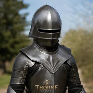 Op de afbeelding: Een harnas van gepolijst staal bestaande uit een helm met vizier met horizontale oogopening en een halsberg. Het borststuk is voorzien van de goudkleurige tekst Thorne Armory met een kroonicoon boven de belettering op het voorste oppervlak.