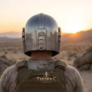 May include: A metallic silver helmet with a vertical ridge and rectangular detailing on the back, worn over a tan tactical vest featuring the gold text Thorne Armory with a crown logo. The gear is shown from the back against a desert landscape.