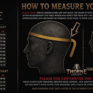 May include: A black Thorne Armory informational graphic displaying adult and youth helmet sizing charts with measurements in inches and centimeters. It features illustrations of a head with a yellow measuring tape and instructions for head sizing.