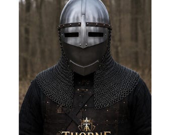 Medieval Great Helm Helmet with Chainmail Aventail, Knight Crusader Helmet, Polished Steel LARP Armor, Custom Gauge Medieval Helmet