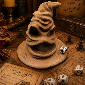 May include: A brown, textured, conical hat sculpture with deep folds and a wide, circular base. The hat features a prominent, open mouth-like opening at the bottom and two deep, hollow eye sockets, resembling a weathered, sentient sorting hat.