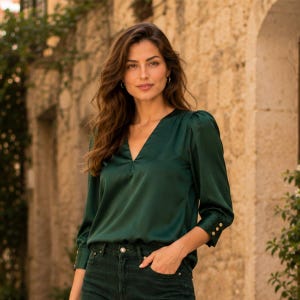 Emerald Green Silk V-Neck Blouse – Elegant Long Sleeve Satin Shirt