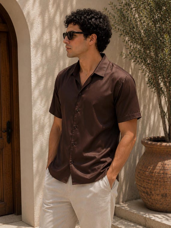 mens chocolate brown dress shirt Men's Silk Shirt, Short Sleeve Coffee Button Up, Dark Brown Summer Shirt, Casual Beach Wedding Groom Top, Gift for Him Pattern:A