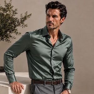 Men's Sage Green Silk Blend Dress Shirt, Relaxed Fit Long Sleeve Button-Up