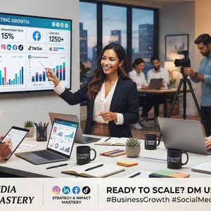 Op de afbeelding: Een professionele kantooromgeving met een groot scherm aan de muur waarop Q4 MARKETING GROWTH-analyses, sociale media-iconen en staafdiagrammen worden weergegeven. Iemand wijst naar het scherm terwijl anderen aan een tafel met laptops werken.
