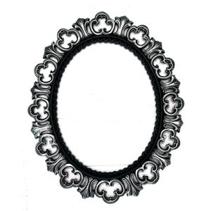 May include: An oval picture frame featuring a black inner border and a silver outer edge with intricate, repeating trefoil-shaped cutouts and leaf-like detailing. The frame has a high-contrast finish with dark recessed areas and bright silver highlights.