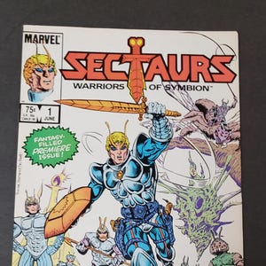 May include: A comic book cover featuring a blue and silver warrior with a sword and shield, surrounded by other warriors and creatures. The cover is titled "Sectaurs: Warriors of Symbion" and is issue number 1.