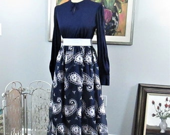 Vintage 1960's Blue & White Embroidered Paisley Maxi Dress