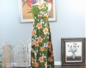 Vintage 1960's Green Hibiscus Pattern Barkcloth Hawaiian Wedding Dress