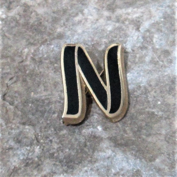 Vintage Lisner Black Enamel Initial Brooch "N"
