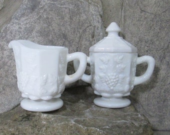 Vintage Westmoreland Grape Pattern Milk Glass Creamer & Sugar Bowl