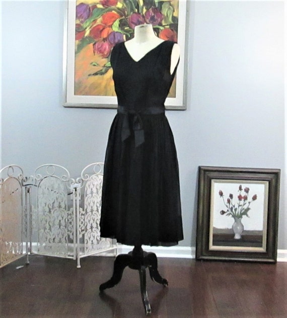 Vintage 1950's Silk Chiffon Black Cocktail Dress … - image 2