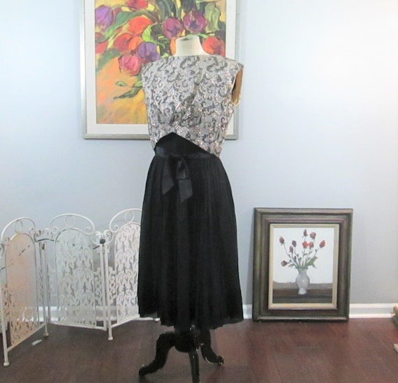 Vintage 1950's Silk Chiffon Black Cocktail Dress … - image 1