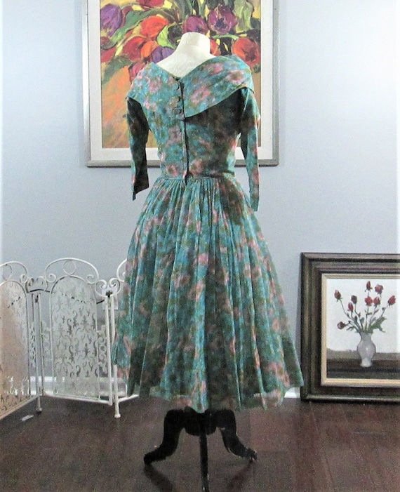 Vintage 1950's Floral Watercolor Chiffon Party Dr… - image 3