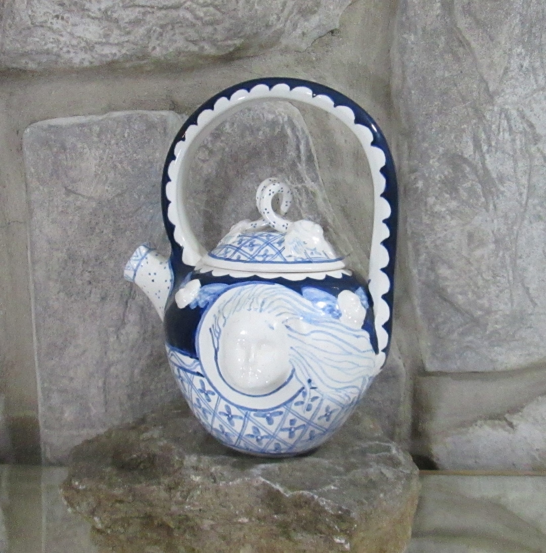 Vintage Moultrie Creek Studios Pottery Blue and White Teapot, 1992