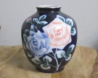 Vintage Japanische Kobalt Porzellan Rose Design Vase