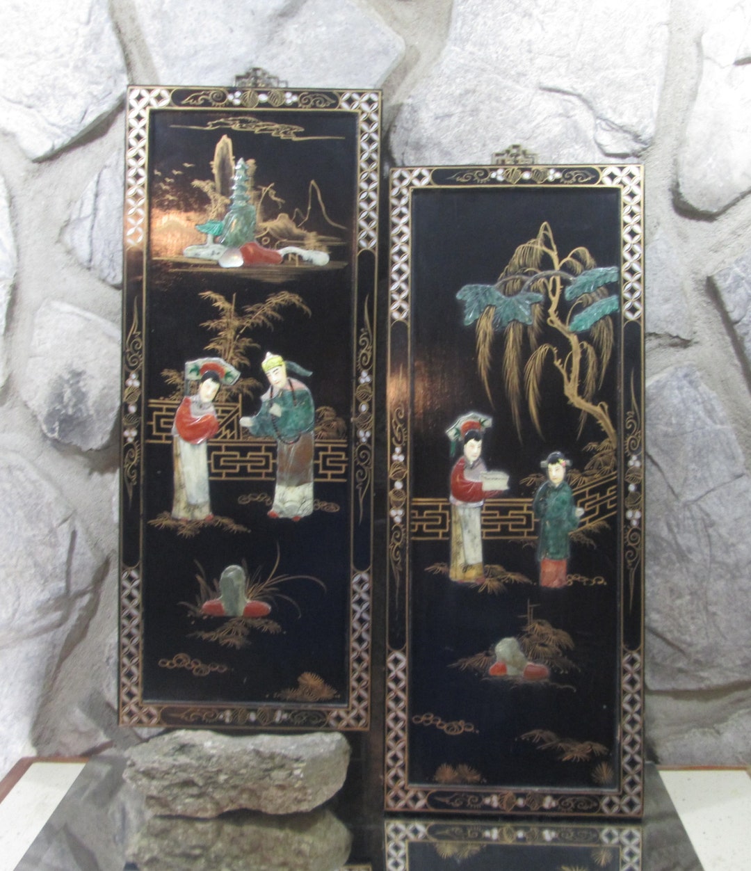 Pair of Vintage Chinese Wall Hangings With Carved Stones Etsy