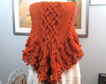 Handmade Pumpkin Wool Celtic Knot/Cable Knit Triangle Shawl Leaf Design Border,Looped Fringe