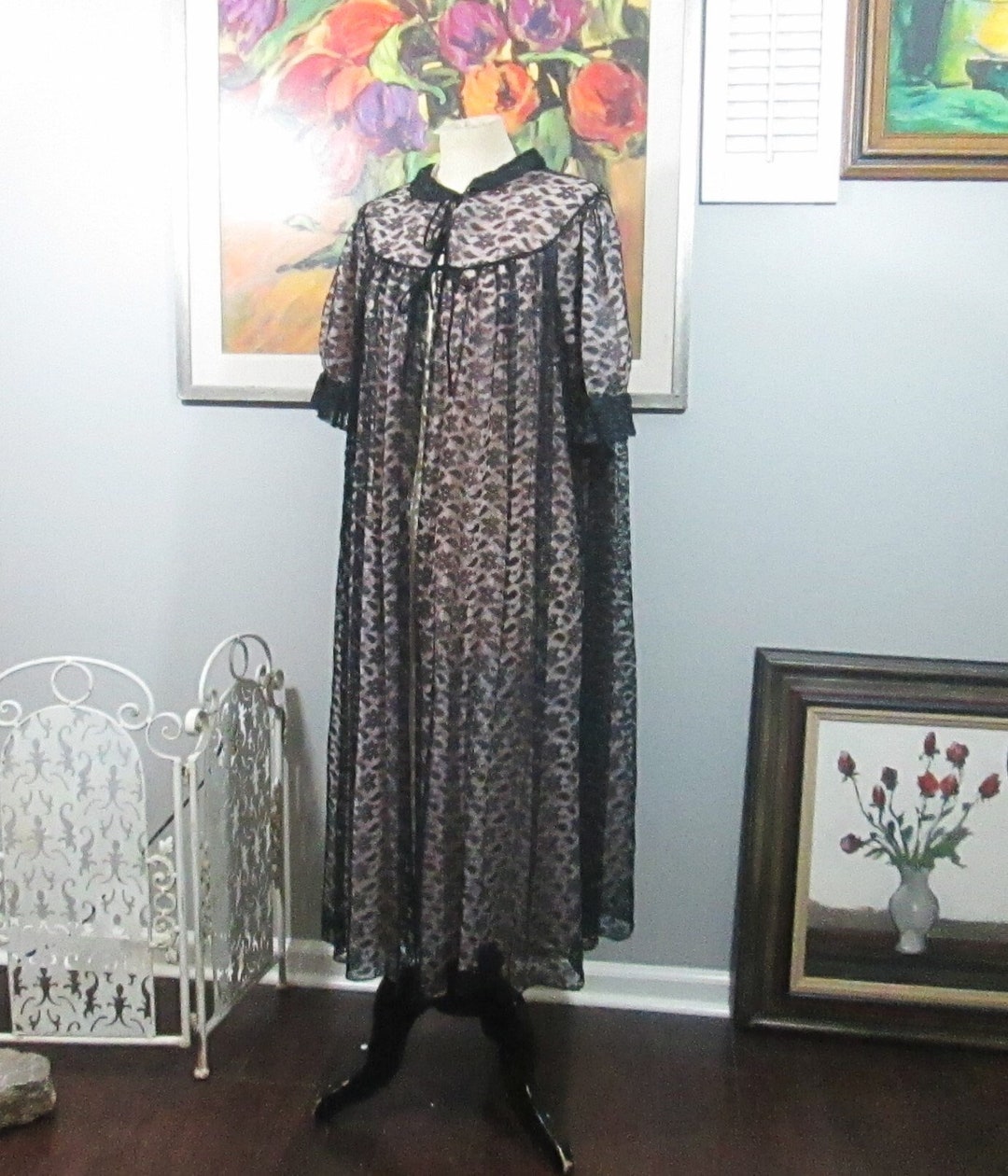 Vintage Black Lace & Pink Negligee Robe - Etsy