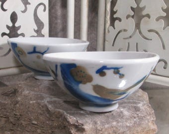 Cuencos de arroz con diseño de pájaros japoneses vintage