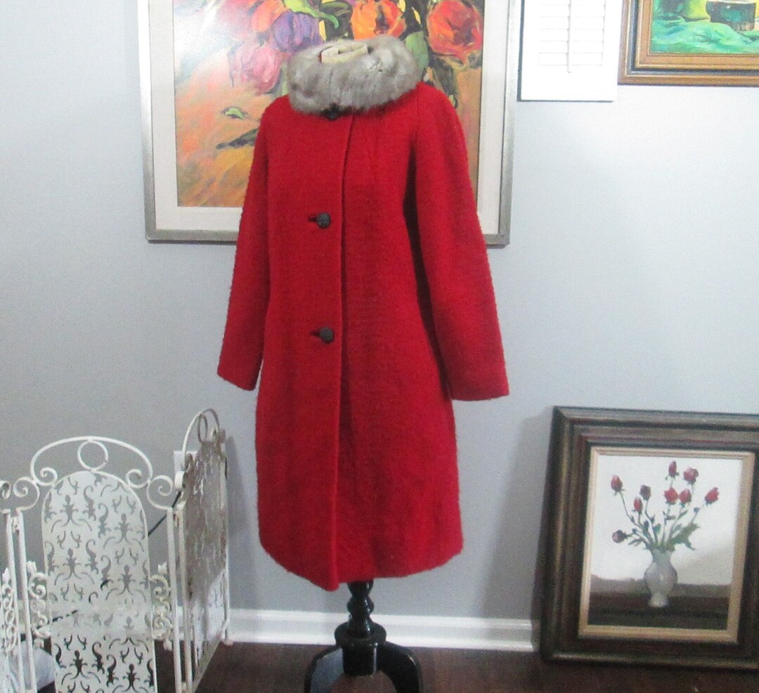 Vintage Red Boucle Wool Coat With Silver Fox Collar - Etsy