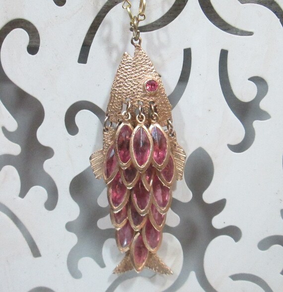 Vintage 1960's Pink Stone Fish Necklace - image 2