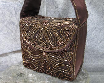 Vintage 1940's Brown Satin Beaded Evening Bag