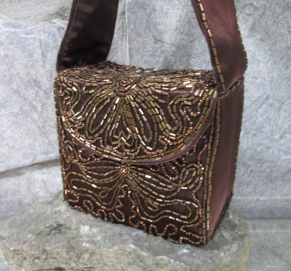 Vintage 1940's Brown Satin Beaded Evening Bag - image 1